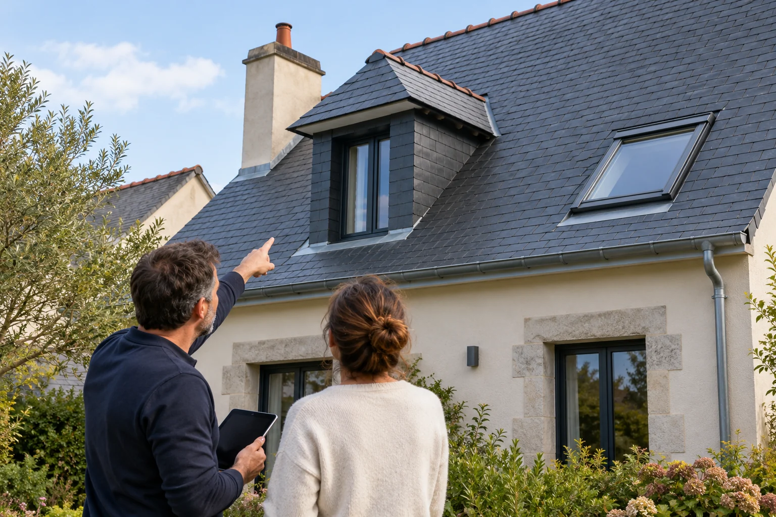 Illustration générée : deux personnes au sol observent une maison à couverture en ardoises et lucarne.