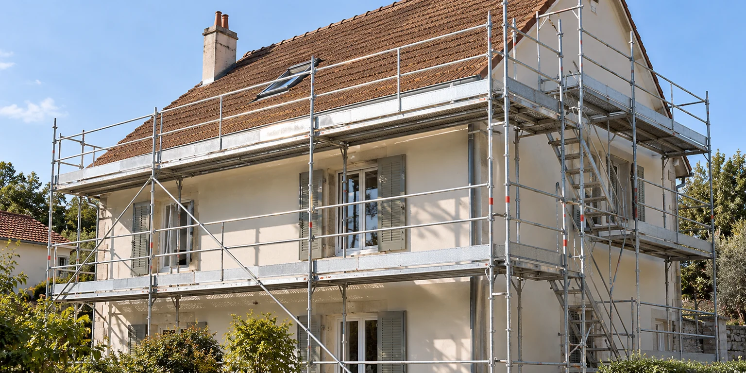 Illustration générée : échafaudage à plusieurs niveaux devant une maison, sans personne.