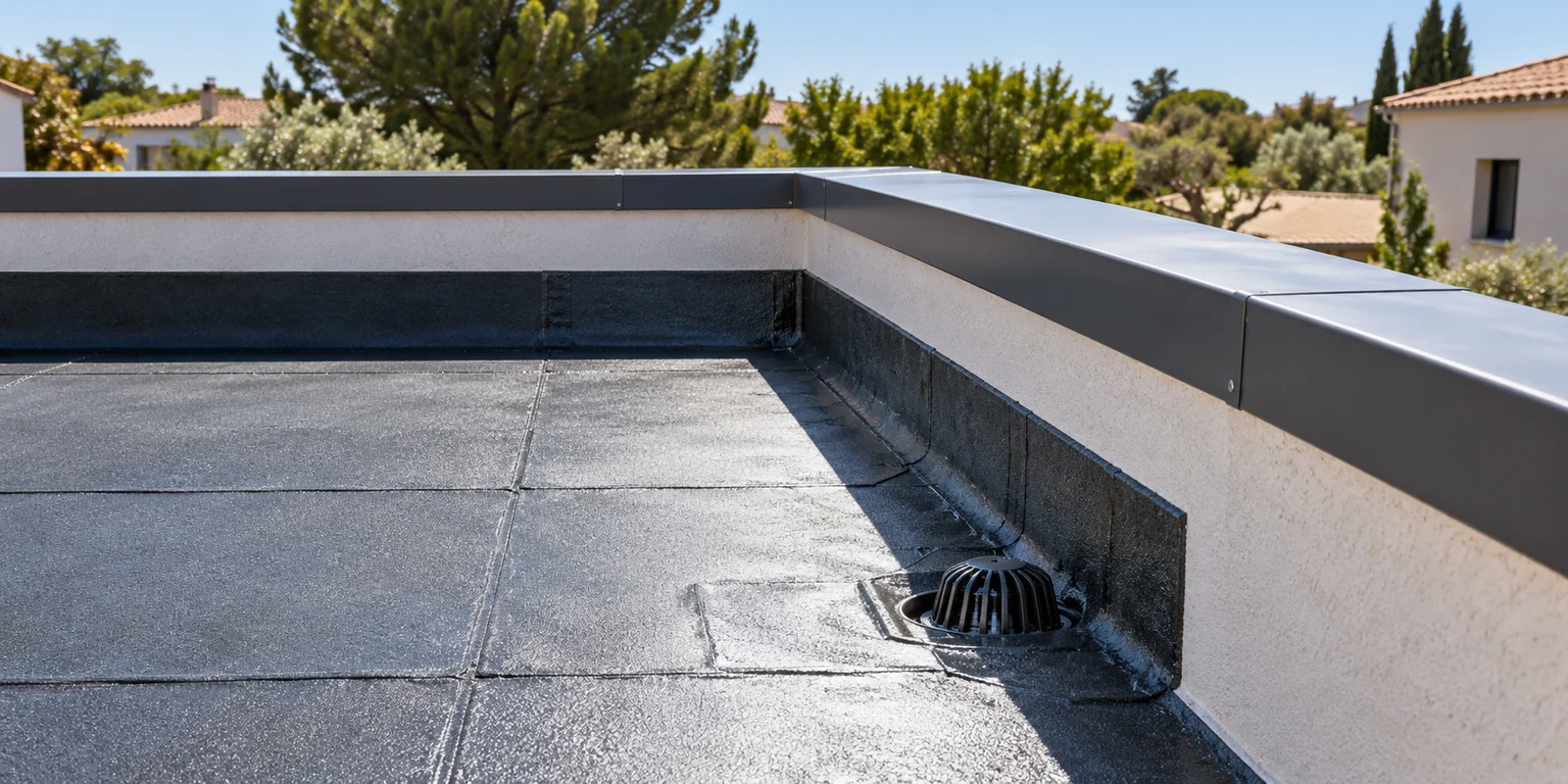 Illustration générée : toiture-terrasse avec relevés et évacuation des eaux.