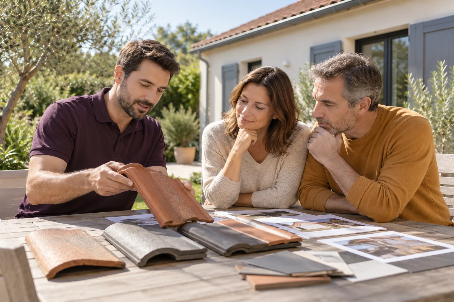 Illustration générée : trois personnes comparent des documents et échantillons autour d’une table.