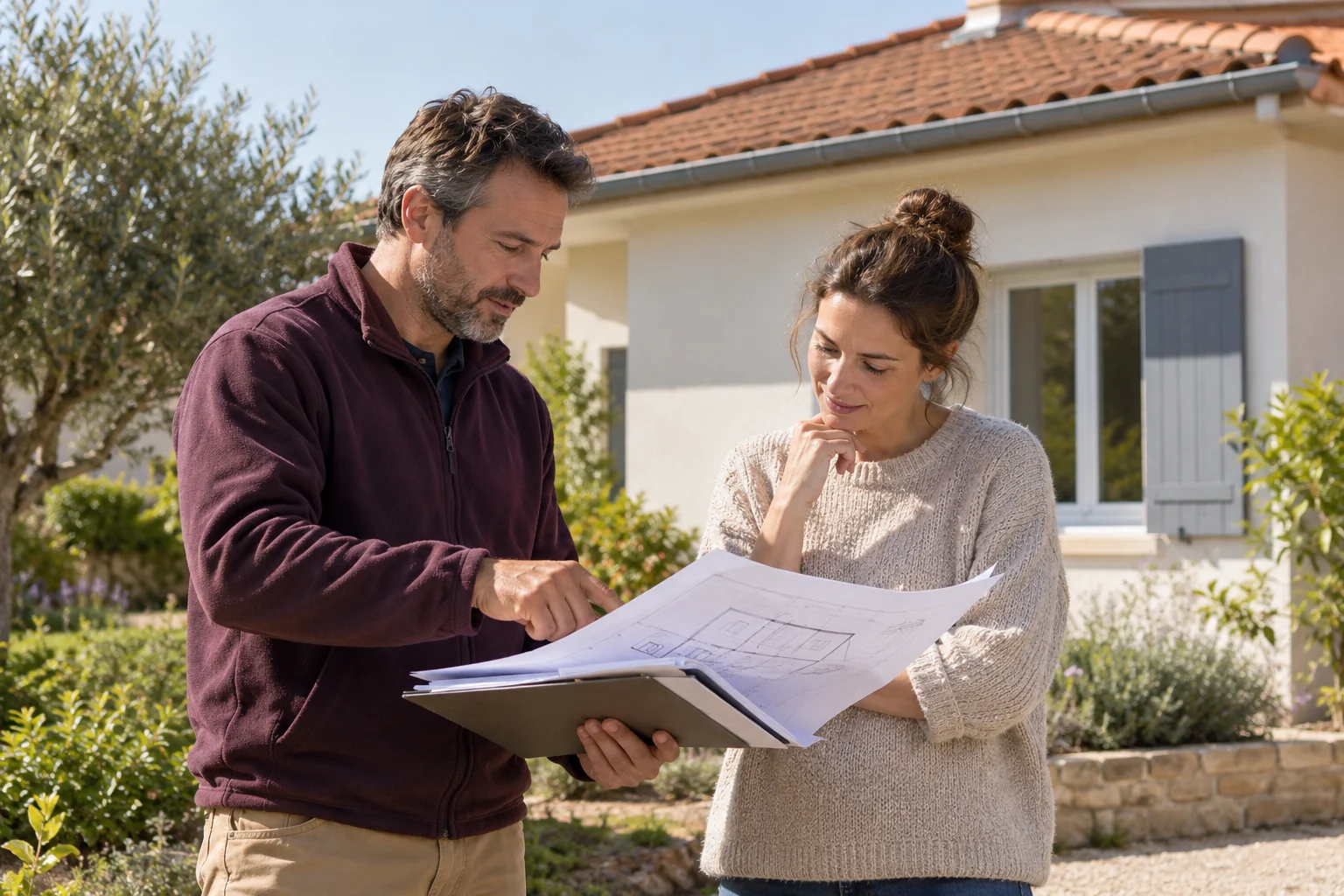 Illustration générée : deux personnes relisent un document devant une maison.