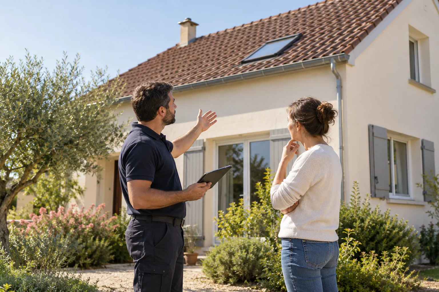 Illustration générée : échange au sol devant une maison et sa couverture en tuiles.