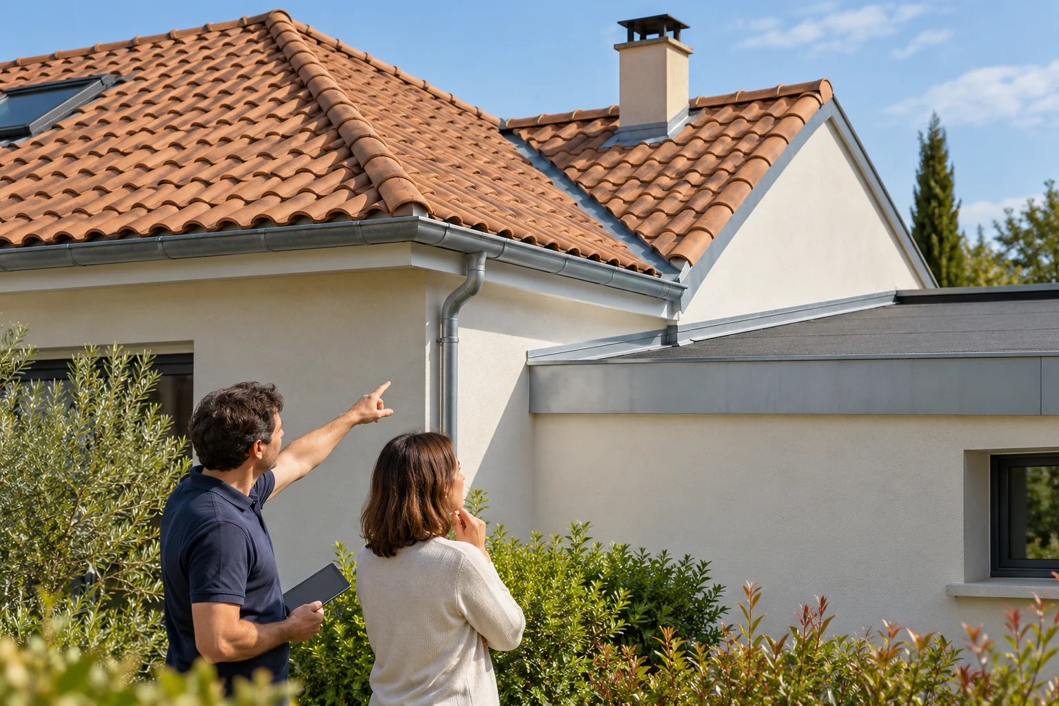 Illustration générée : deux personnes au sol observent des raccords entre les volumes de toiture d’une maison.