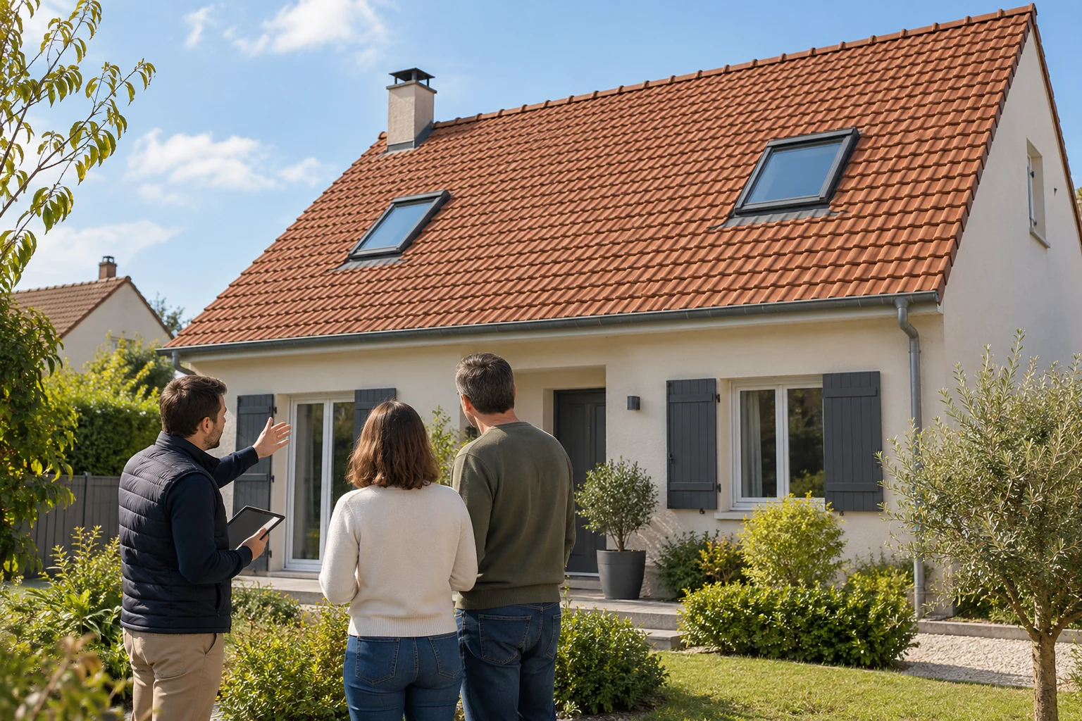 Illustration générée : trois personnes au sol devant une maison à toiture en tuiles.