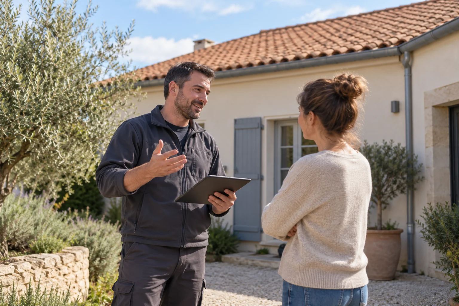 Illustration générée : deux personnes échangent au sol devant une maison, avec une tablette.