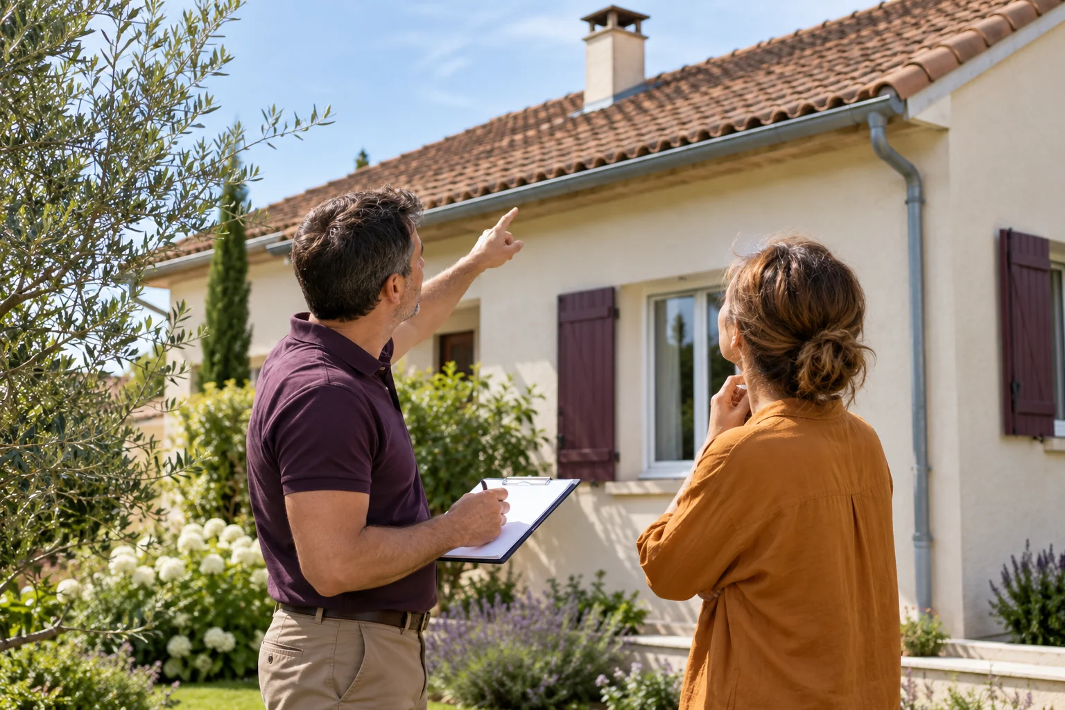 Illustration générée : deux personnes observent une toiture en tuiles depuis le jardin.