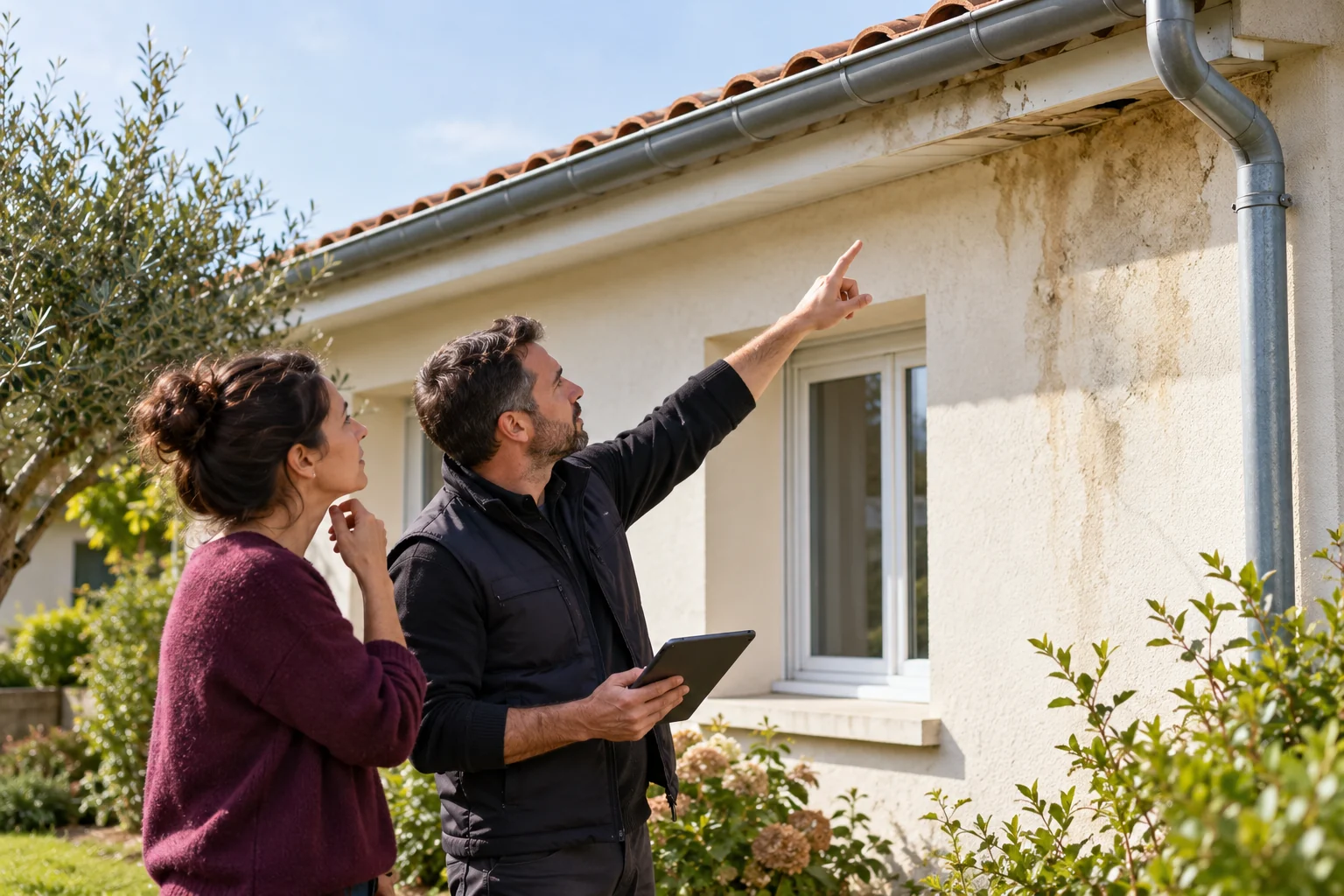 Illustration générée : deux personnes au sol observent une rive et un mur portant des traces sous la gouttière.