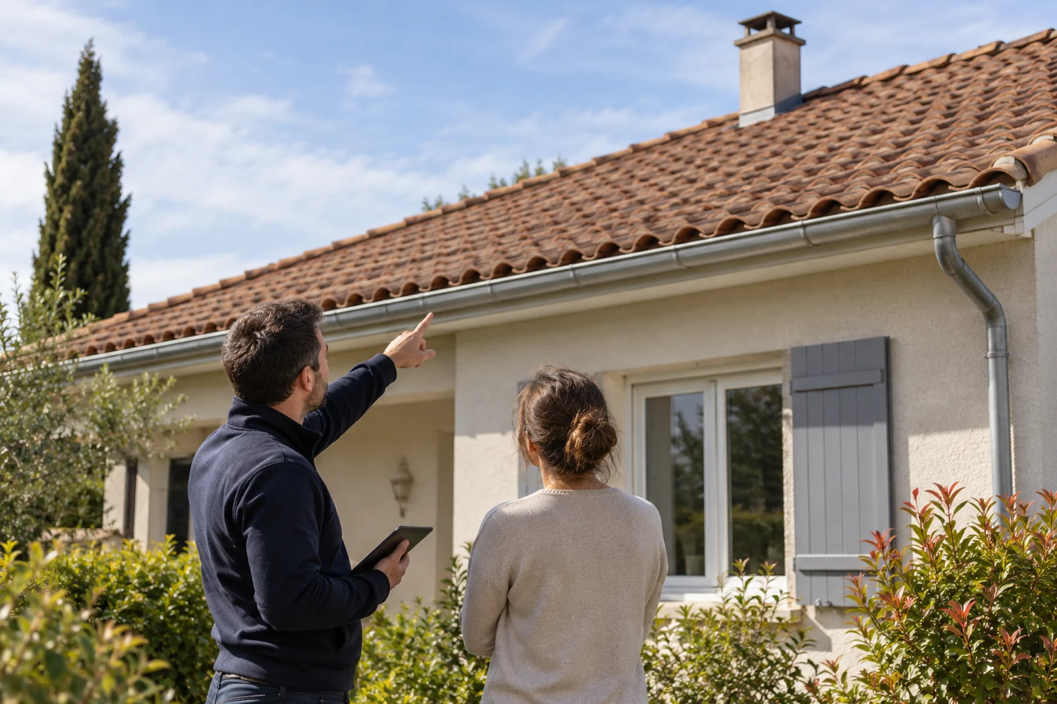 Illustration générée : deux personnes au sol observent la couverture en tuiles d’une maison.