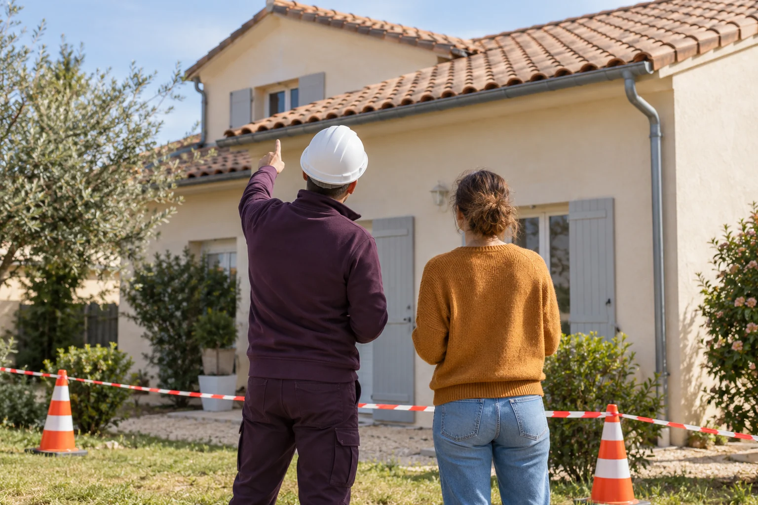 Illustration générée : deux personnes au sol observent une toiture, près d’un balisage.